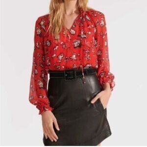 Veronica Beard Boho Red Floral Silk Blouse size Small